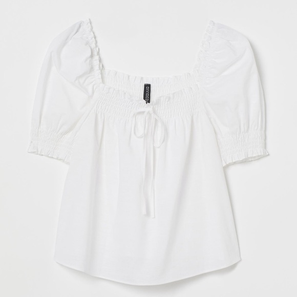 🛍 H&M Puff-sleeved Square-neck Cotton Top Shirt - Picture 4 of 7